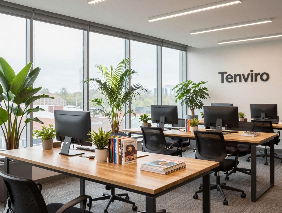 Светлый офис редакции Tenviro в Шарлотте: большие окна, деревянные столы с книгами по психологии, растения, минималистичный скандинавский стиль