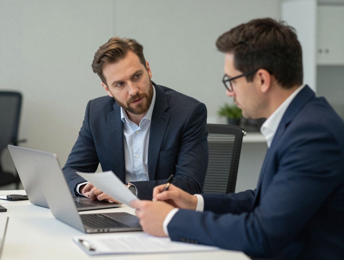 Небольшая команда специалистов в области психологии: двое сидят за столом с ноутбуками в светлом современном офисе, обсуждают материалы