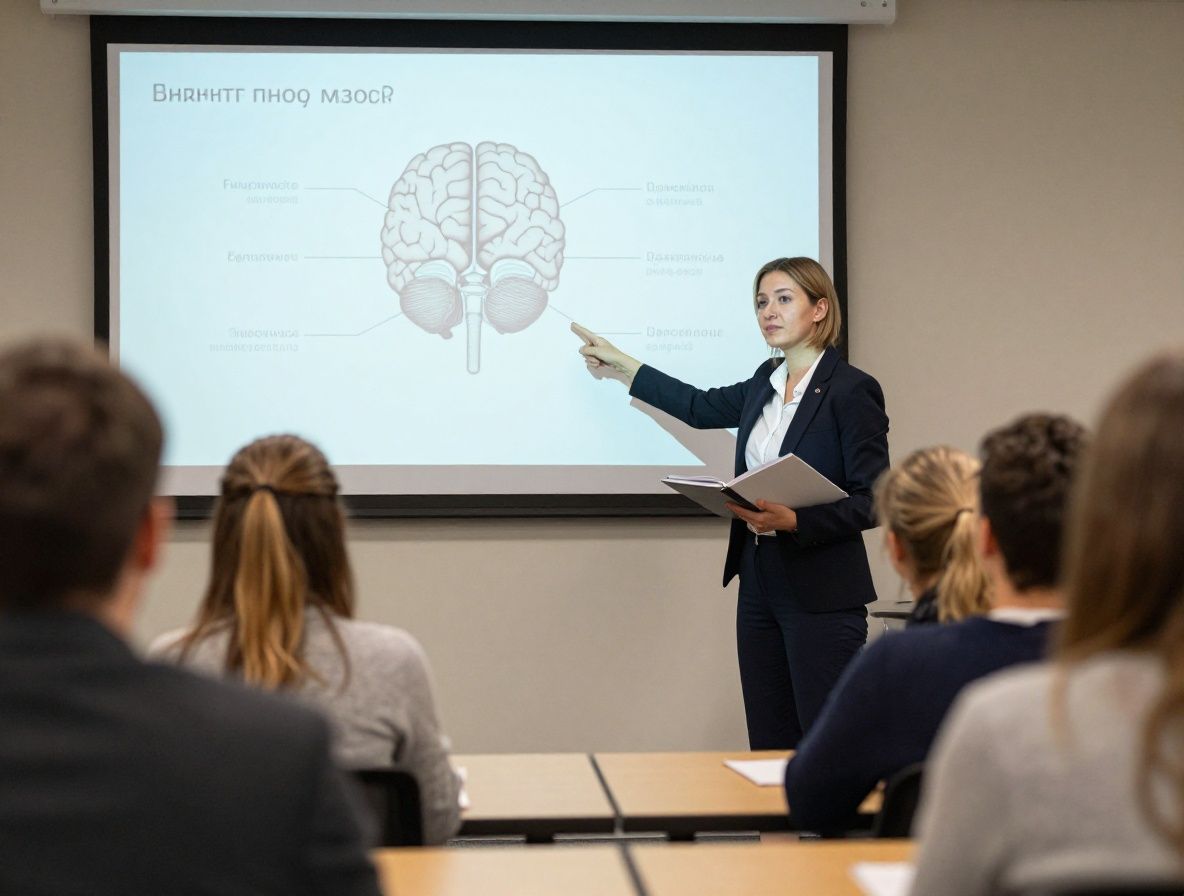 Женщина-психолог читает лекцию студентам в светлой аудитории университета, указывает на экран с диаграммой мозга