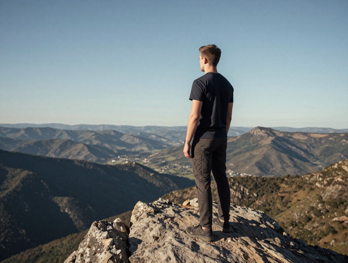 Молодой мужчина стоит на вершине холма и смотрит на горизонт с видом спокойной уверенности — психологическая устойчивость