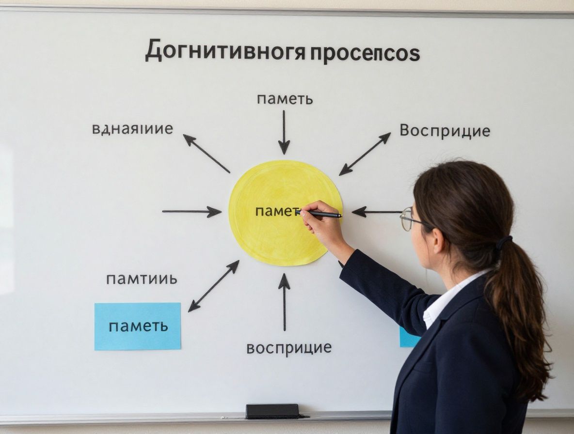 Схема когнитивных процессов на светлой доске: внимание, память, мышление, восприятие — образовательная иллюстрация