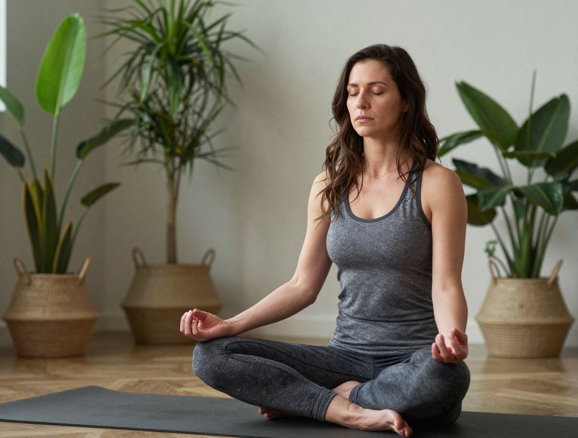 Молодая женщина практикует осознанное дыхание в уютной светлой комнате с растениями, глаза закрыты, поза расслабленная