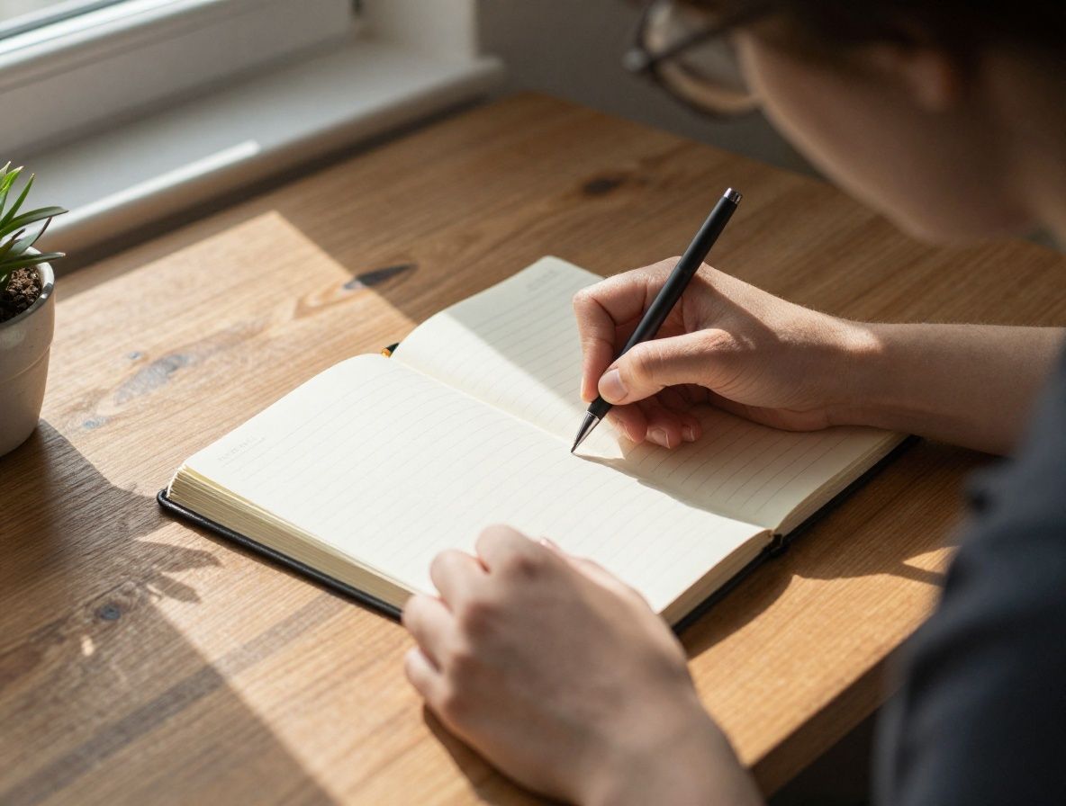 Человек пишет в красивом дневнике за деревянным столом у окна с солнечным светом — практика благодарности и позитивной психологии