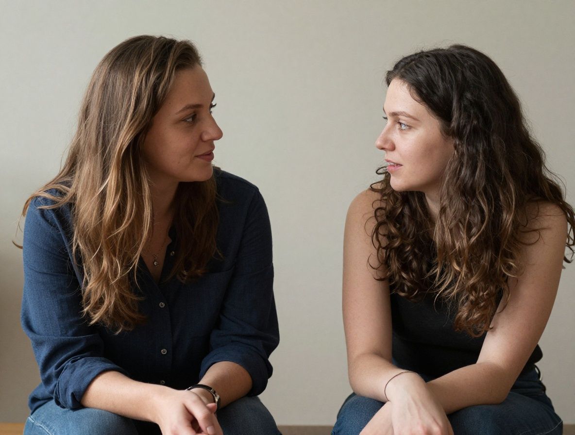 Два человека сидят лицом к лицу в тёплом уютном пространстве, ведут искреннюю беседу — иллюстрация здоровой коммуникации в отношениях