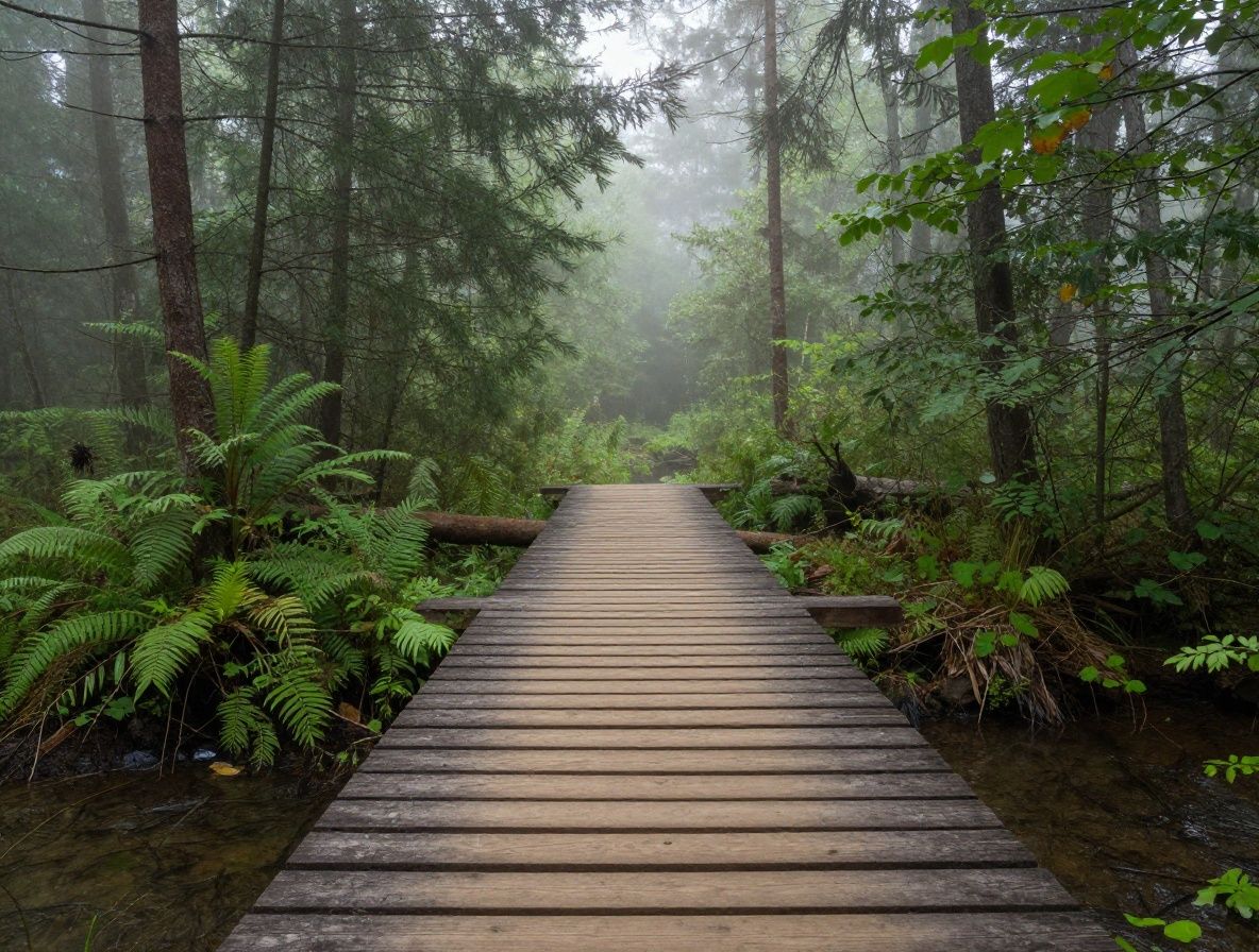 Природный пейзаж: тихий лес с утренним туманом, деревянный мостик через ручей — метафора душевного равновесия и покоя
