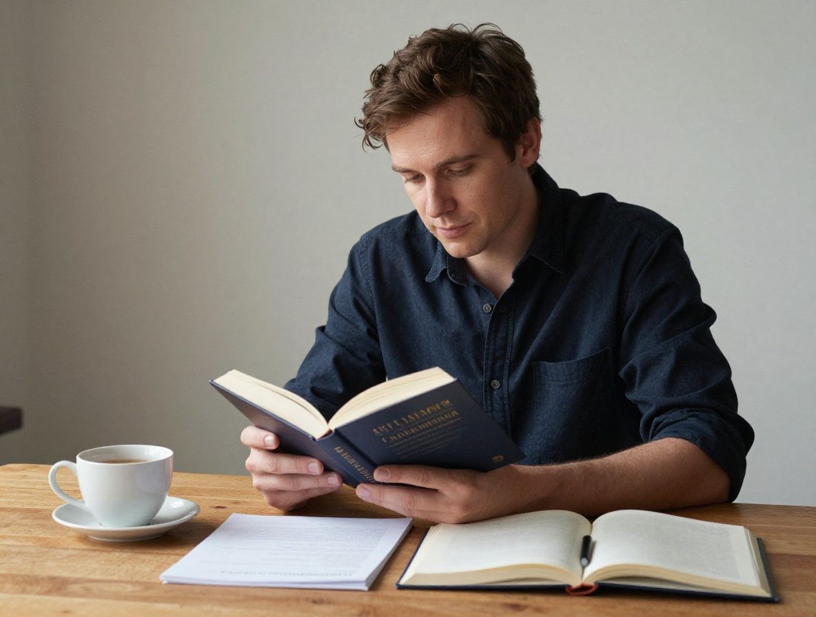 Человек сидит в светлой скандинавской комнате, читает книгу по психологии, на деревянном столе стоит чашка чая и блокнот