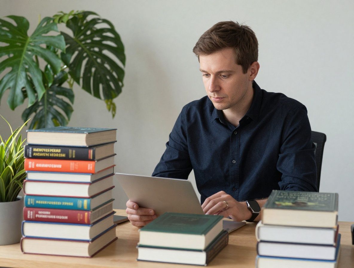 Психолог-редактор работает за ноутбуком в уютном скандинавском офисе с живыми растениями на подоконнике и стопками научных книг