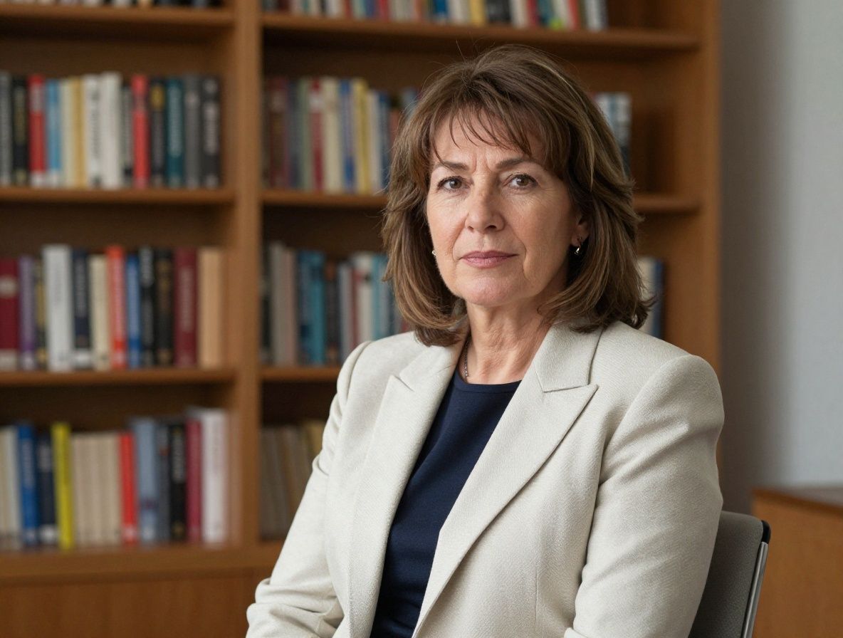 Женщина в возрасте около 40 лет с тёплой улыбкой, одетая в светлый деловой жакет, сидит в уютном офисе с книжными полками