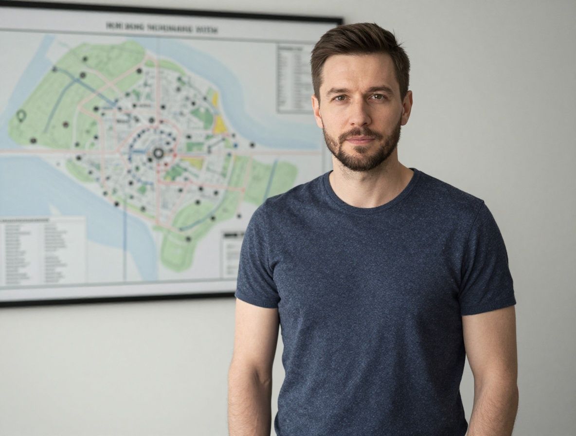 Мужчина около 35 лет с аккуратной бородой, в строгом сером свитере, стоит у светлой стены с планом редакции