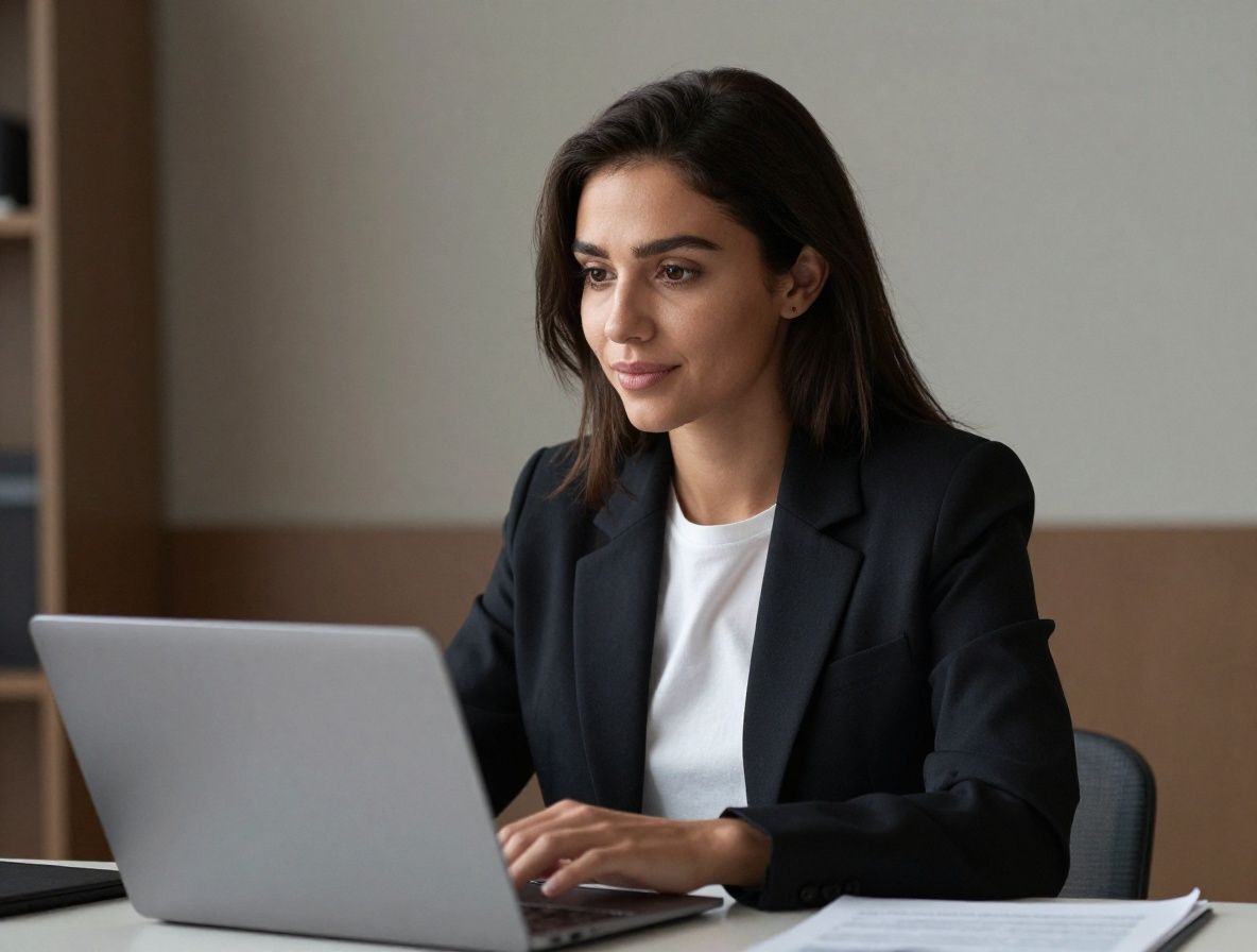 Молодая женщина около 28 лет с тёмными волосами, дружелюбный взгляд, в светлой рубашке, сидит за столом с ноутбуком