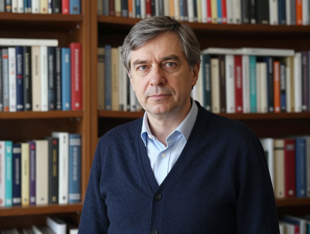 Мужчина около 45 лет с серьёзным спокойным выражением лица, профессор в пиджаке, на фоне книжных полок с научными изданиями